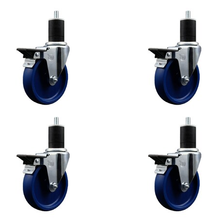 Service Caster 5'' Solid Poly Swivel 1-3/4'' Expanding Stem Caster Set with Brake, 4PK SCC-EX20S514-SPUS-PLB-134-4